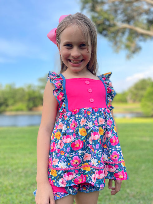 Girls Pink Flower Shorts Set Lace with Matching Bow - Bowtism